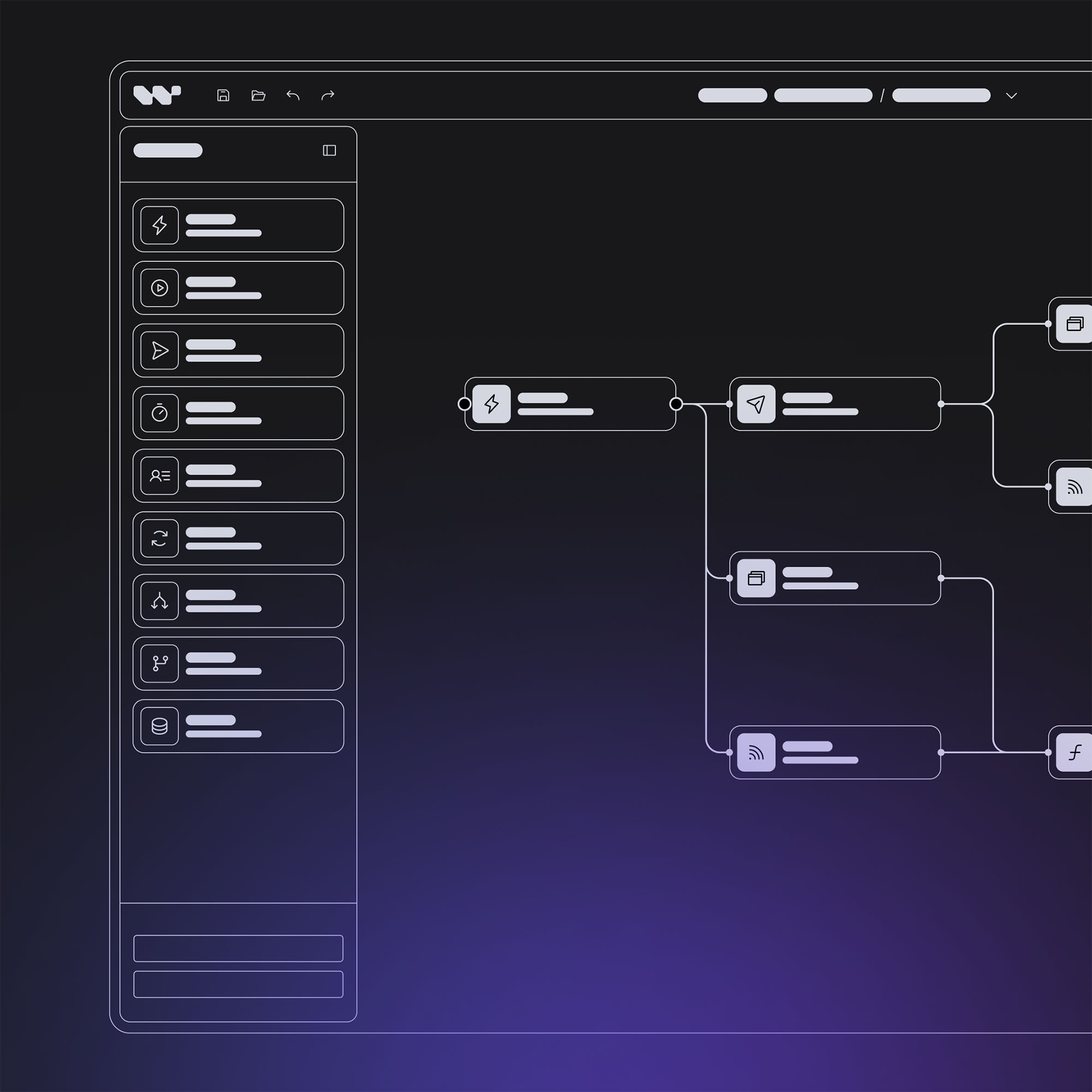 Cyfrowy rysunek Logic Forms UI, z paskiem bocznym, górnym paskiem nawigacyjnym i częścią diagramu przepływu pracy na płótnie.